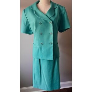 Le Suit Petites 14P Turquoise Skirt Suit Short Sleeve Career Set Vintage